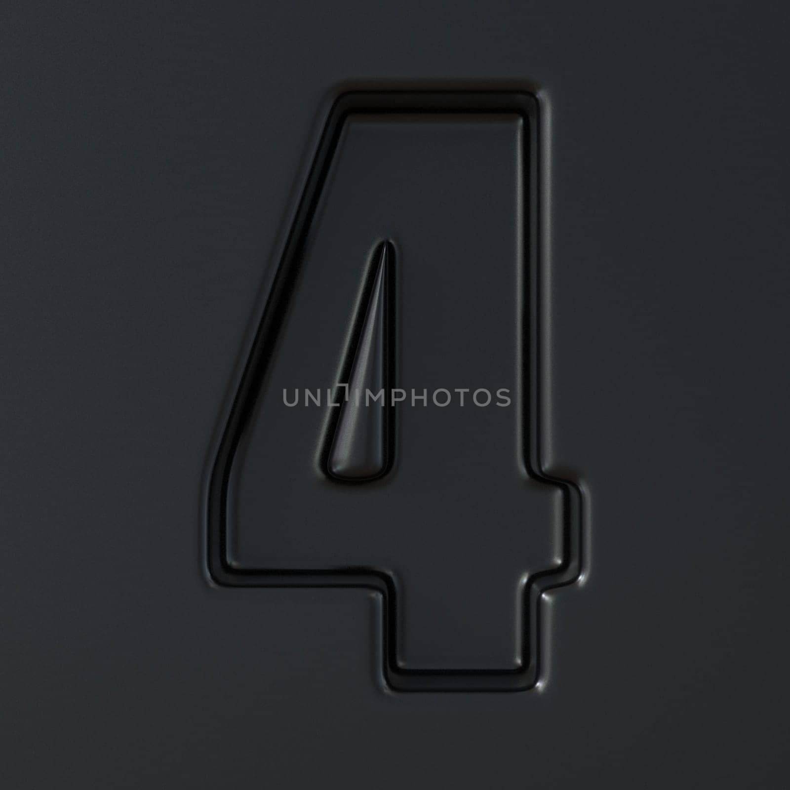 Black engraved font Number 4 FOUR 3D render illustration on black background