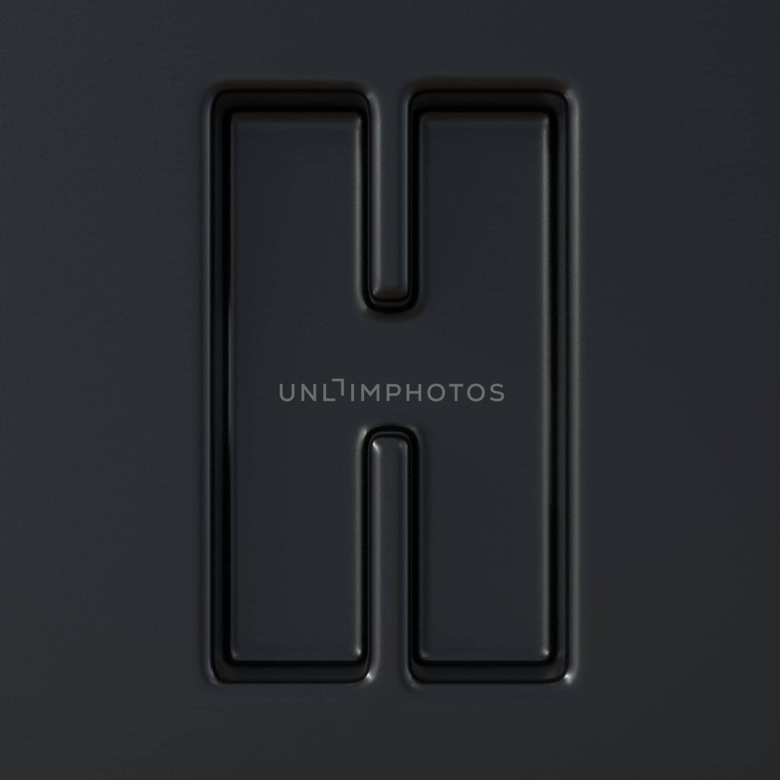Black engraved font Letter H 3D render illustration on black background