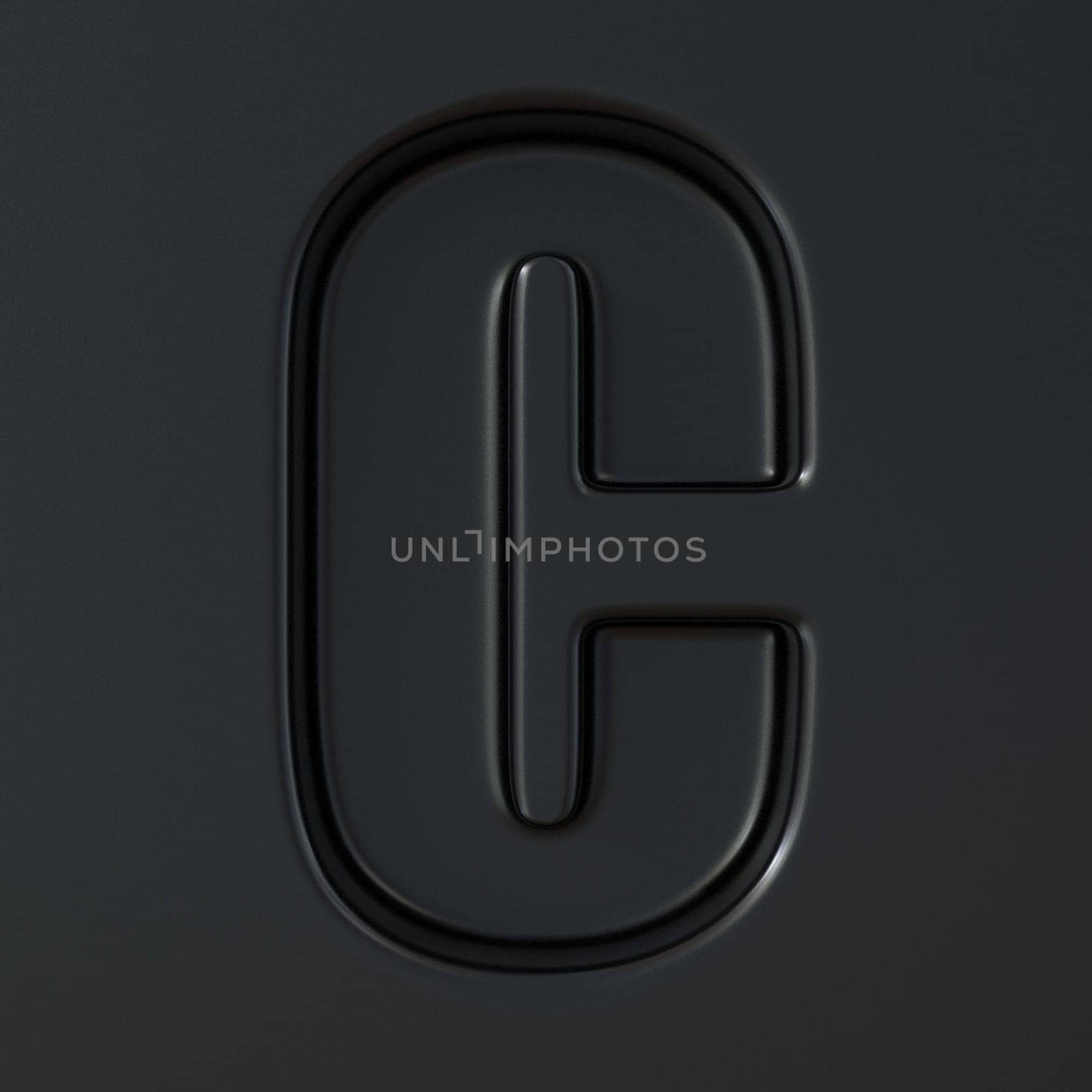 Black engraved font Letter C 3D render illustration on black background
