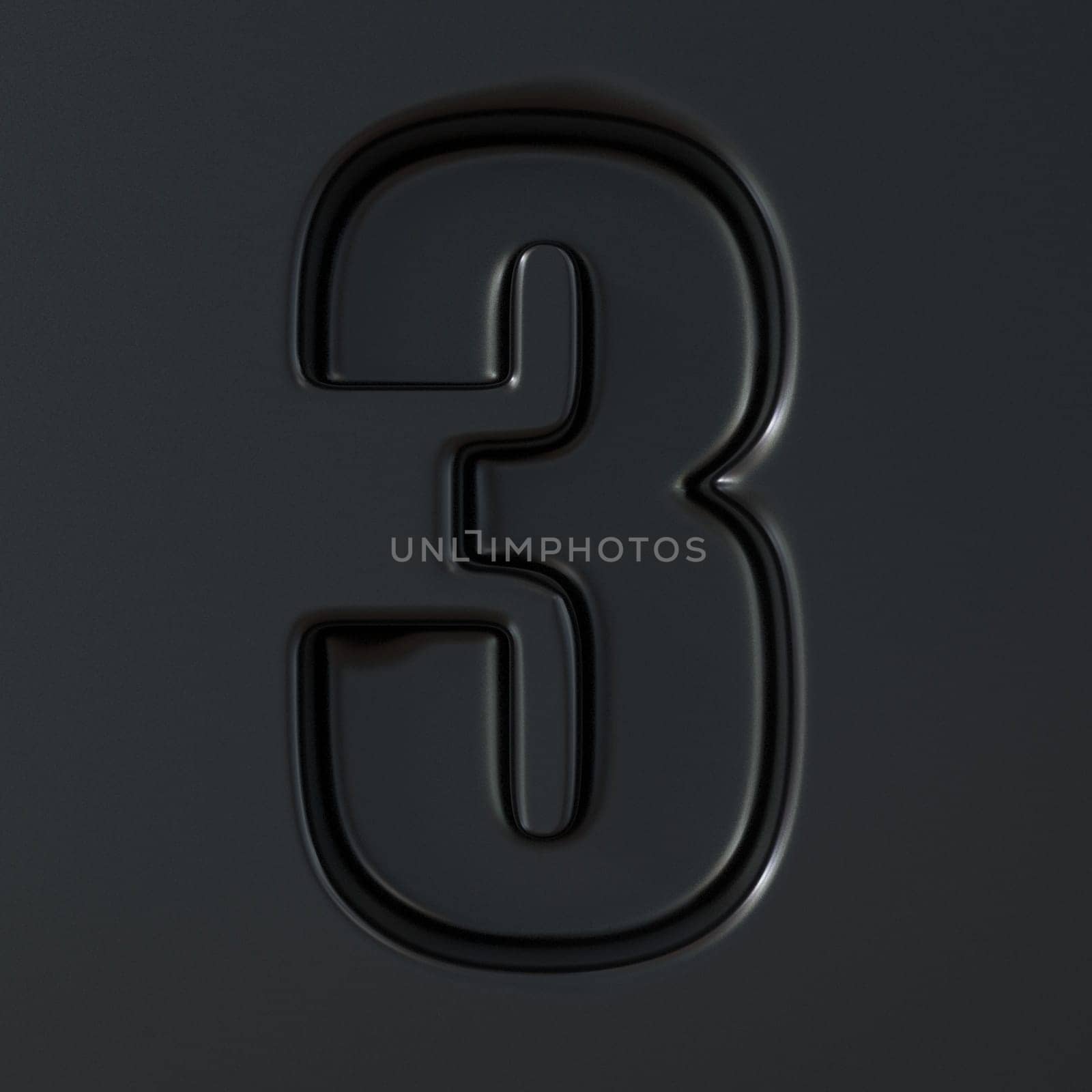 Black engraved font Number 3 THREE 3D render illustration on black background