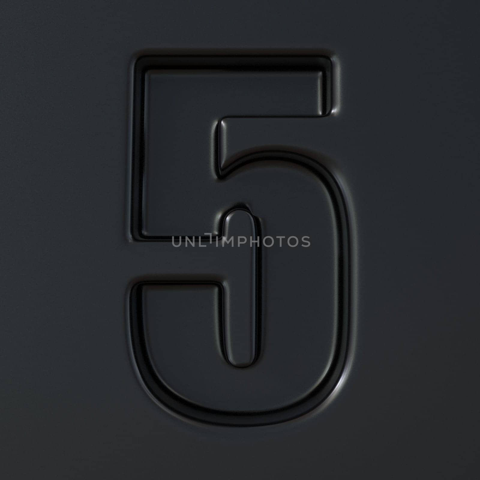 Black engraved font Number 5 FIVE 3D render illustration on black background