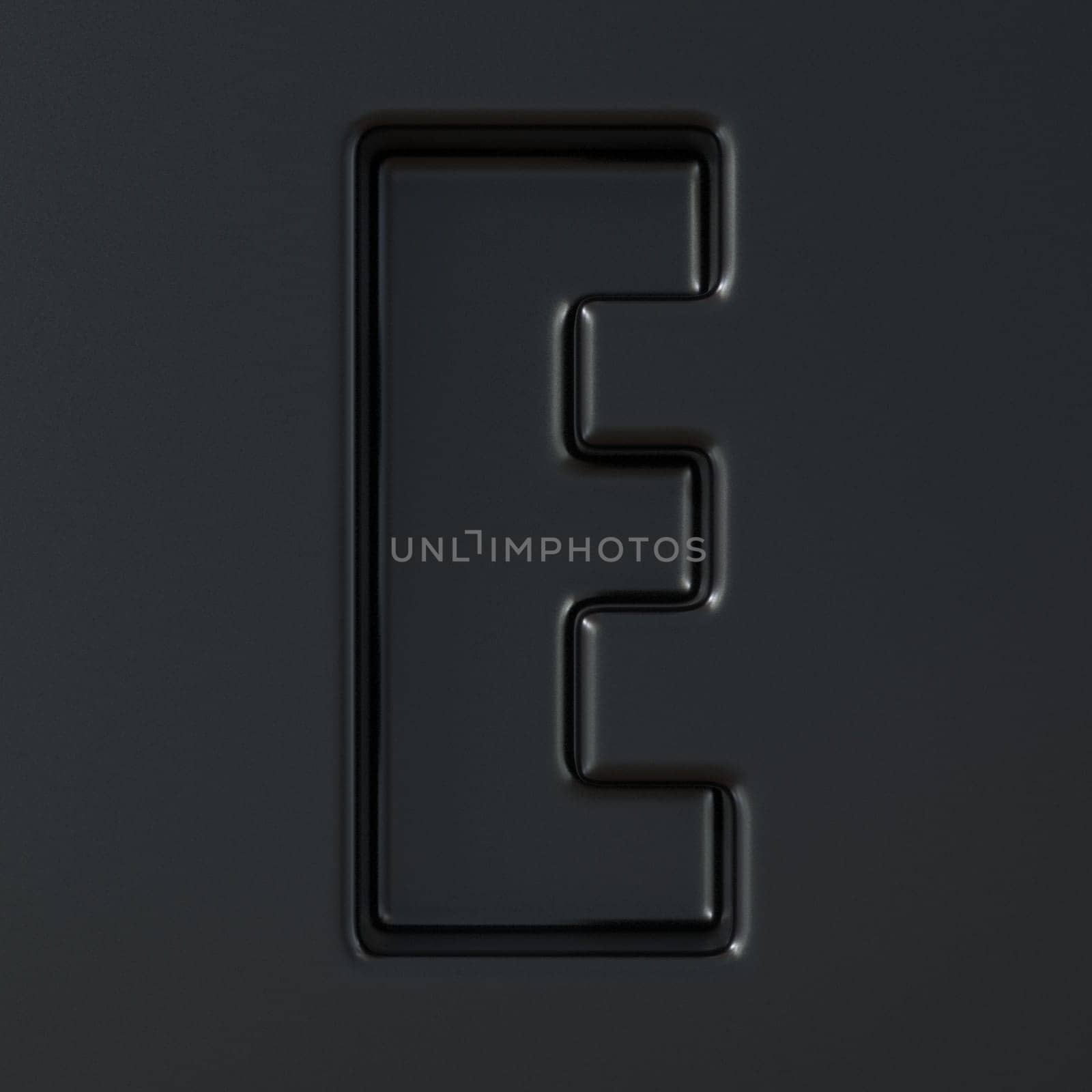 Black engraved font Letter E 3D render illustration on black background