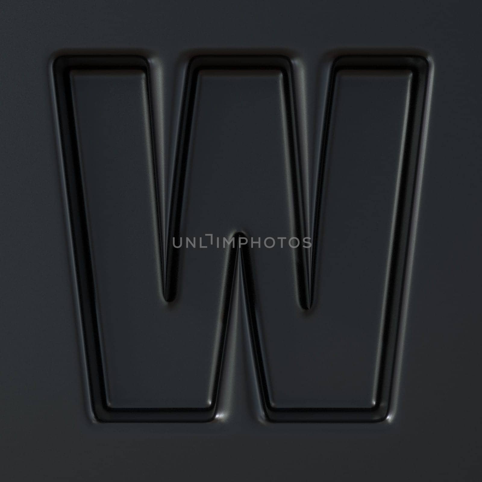 Black engraved font Letter W 3D render illustration on black background