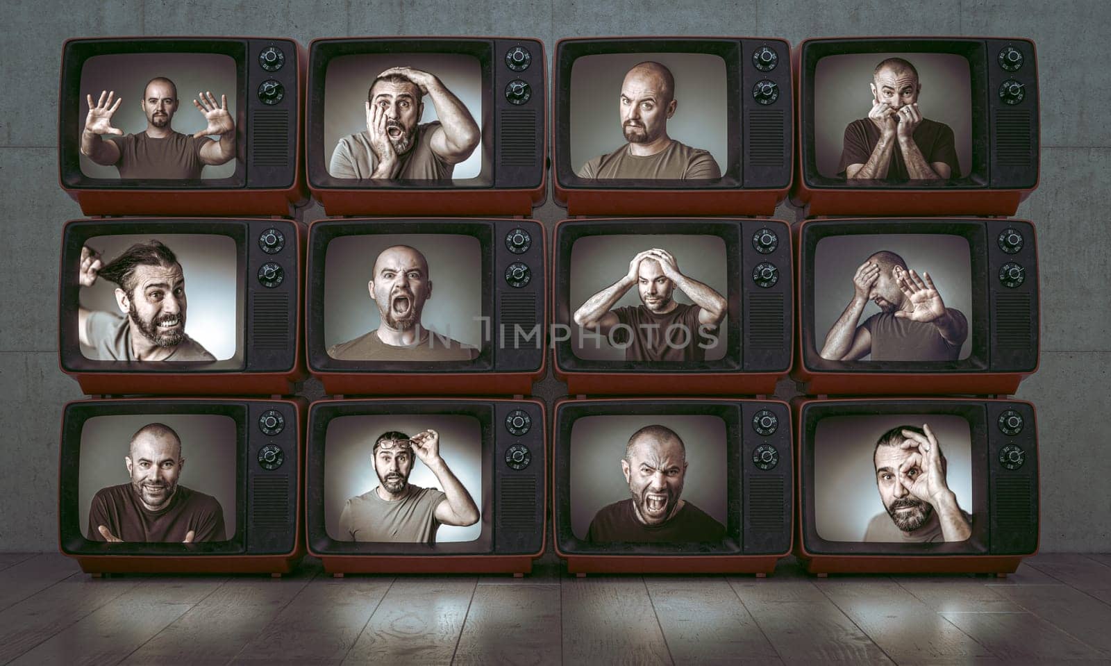 portraits of 3 different people with various expressions and emotions, images on old tv.Interior with wooden floor.