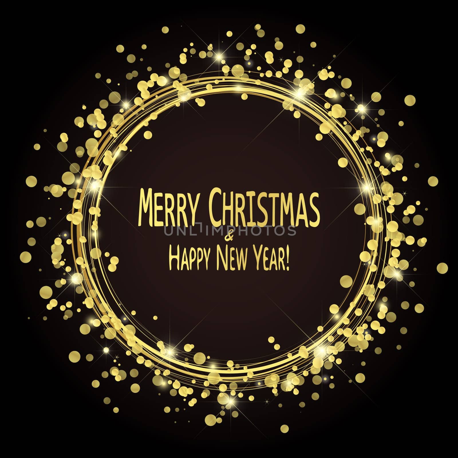 round lightning with dots and sparkle effects colored golden on dark background with Merry Christmas and Happy New Year greetings