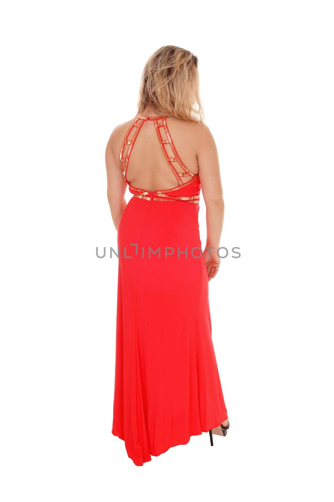 A young blond woman standing in a long evening dress from the back.isolated for white background.