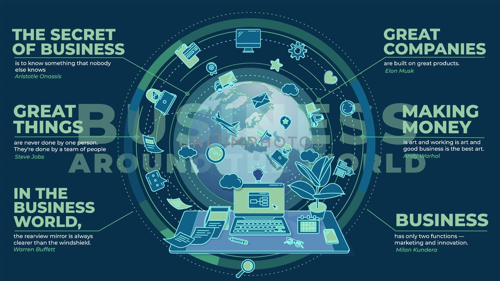 Promo about business worldwide is a modern illustration intended for promotion and advertising of the site and services of your company. There are text blocks on the topic.