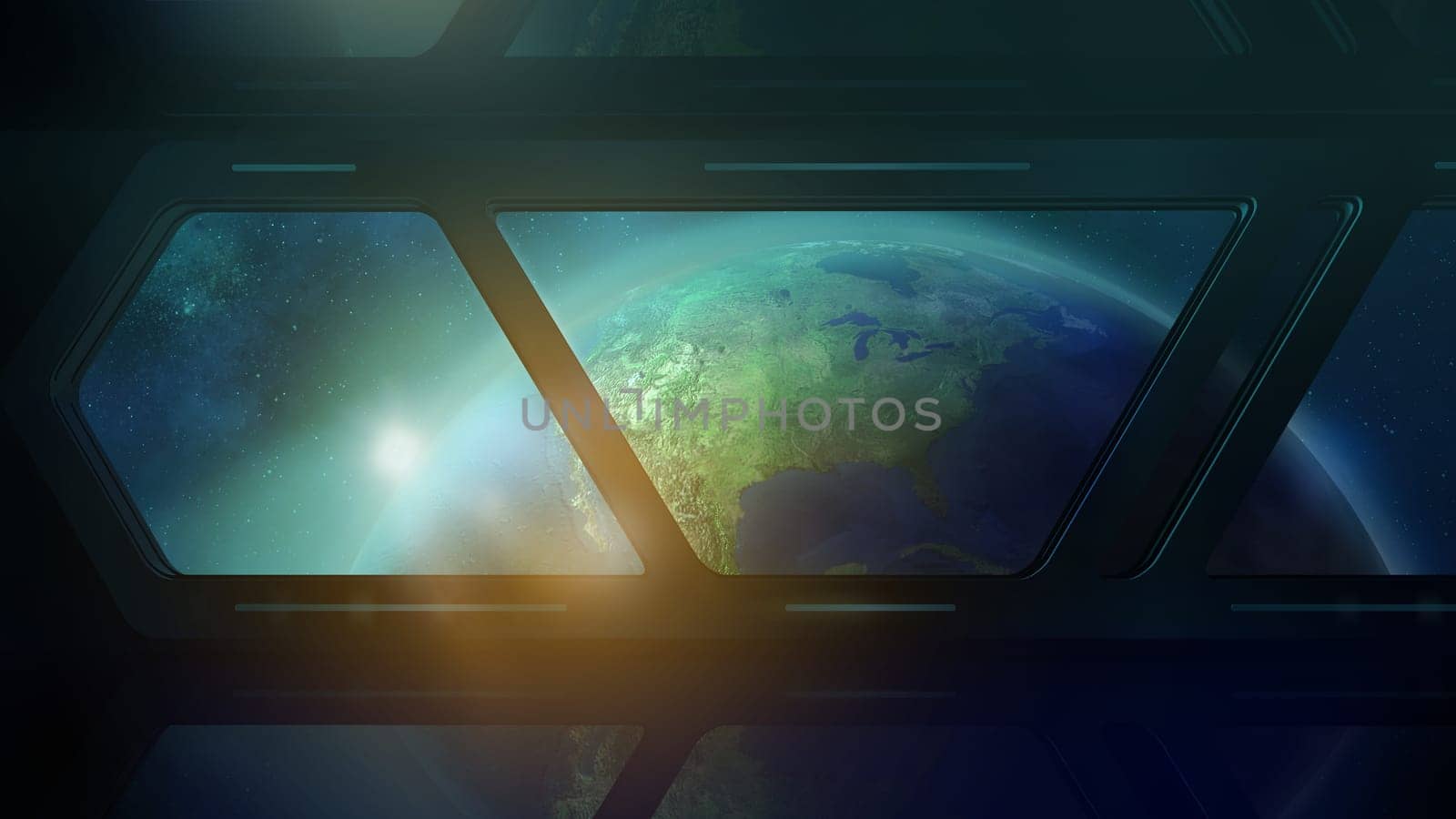 From the porthole of the flying spaceship, one can see the day half of the Earth.