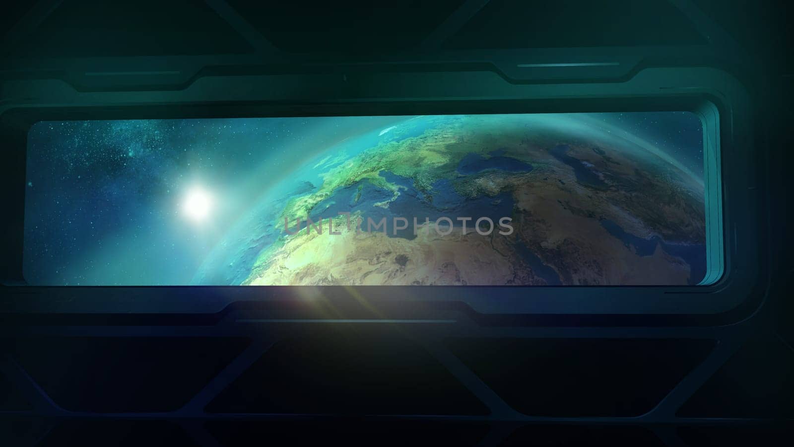 From the porthole of the flying spaceship, one can see the day half of the Earth.