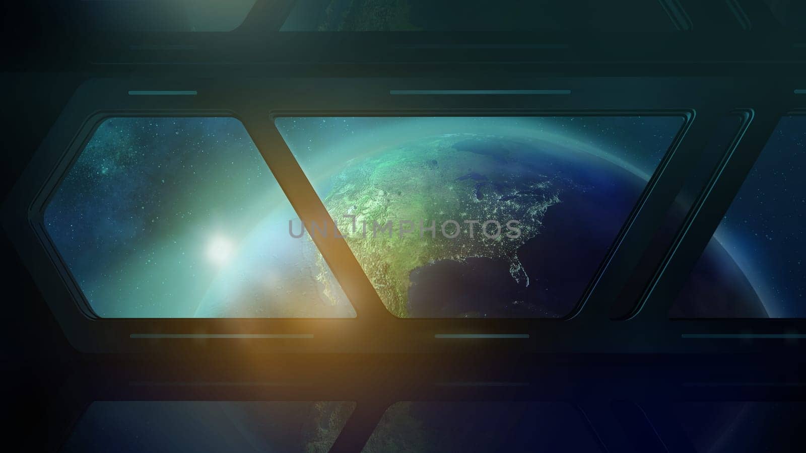 From the porthole of the flying spaceship, one can see the Globe is half illuminated by the sun.