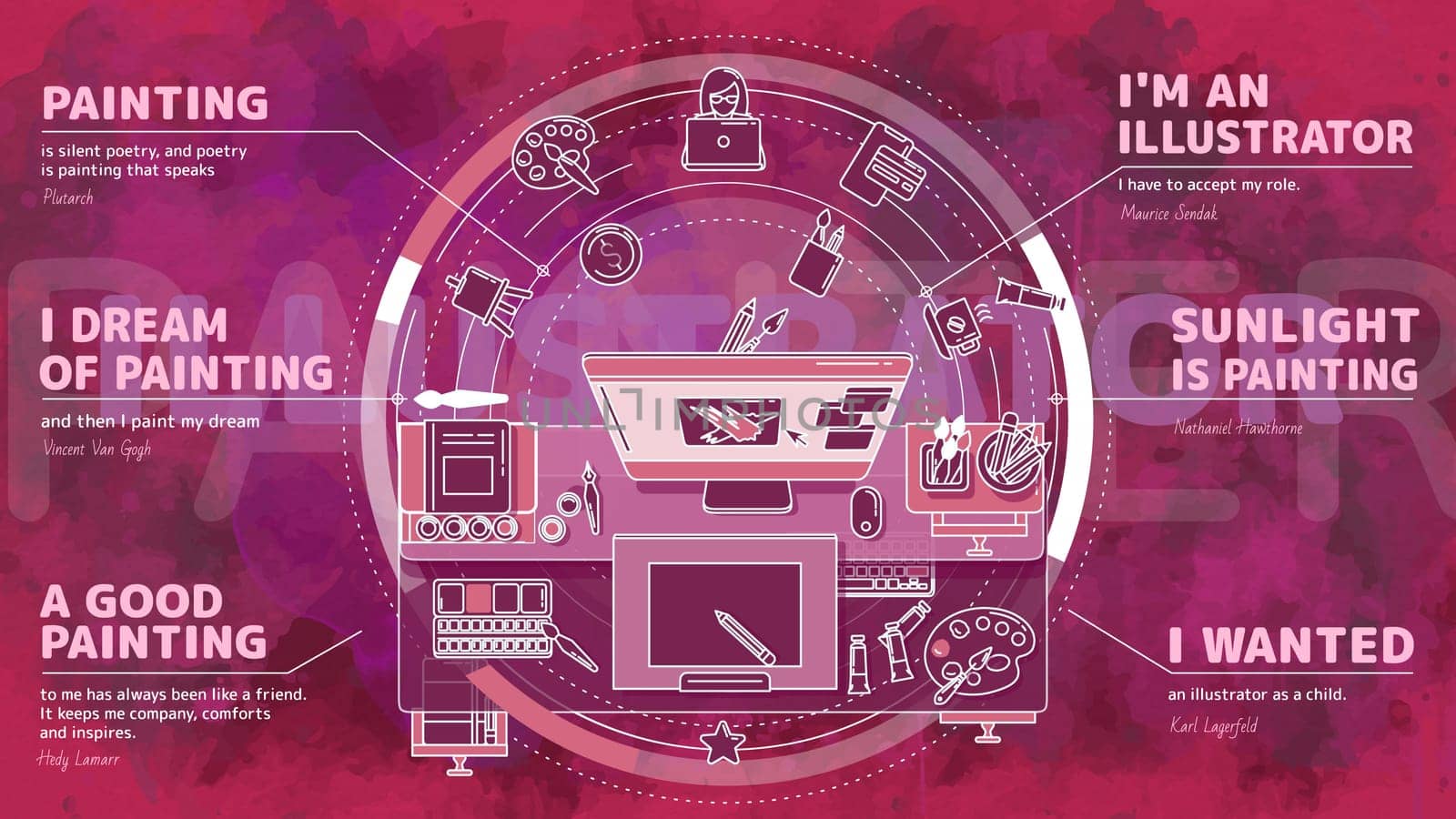 Beautiful and detailed illustration on the theme of illustrator. Dynamic and modern, it is perfect for decorating presentations of your services.