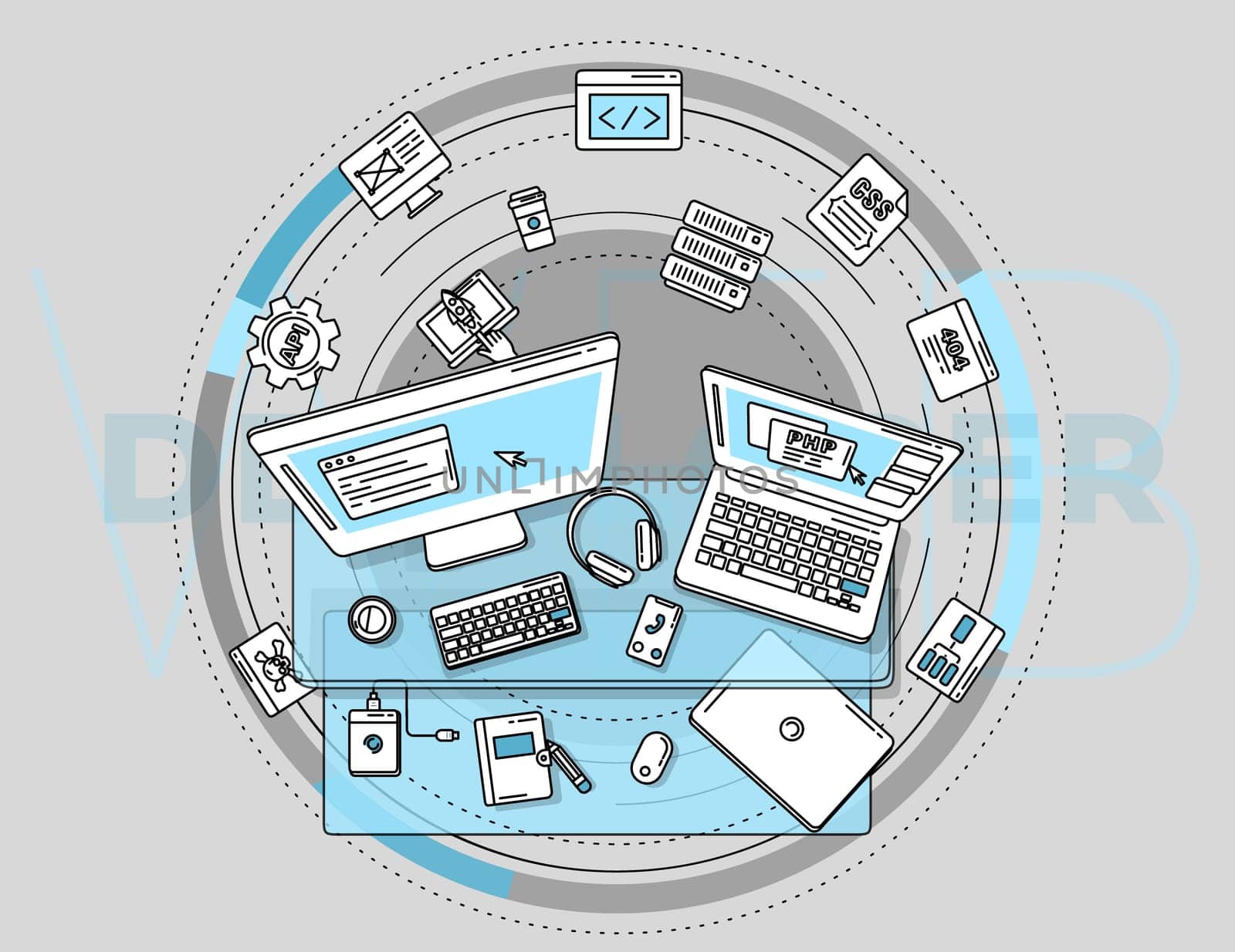 A complex illustration consisting of a set of elements is designed to attract attention and was created specifically for web developers promo.