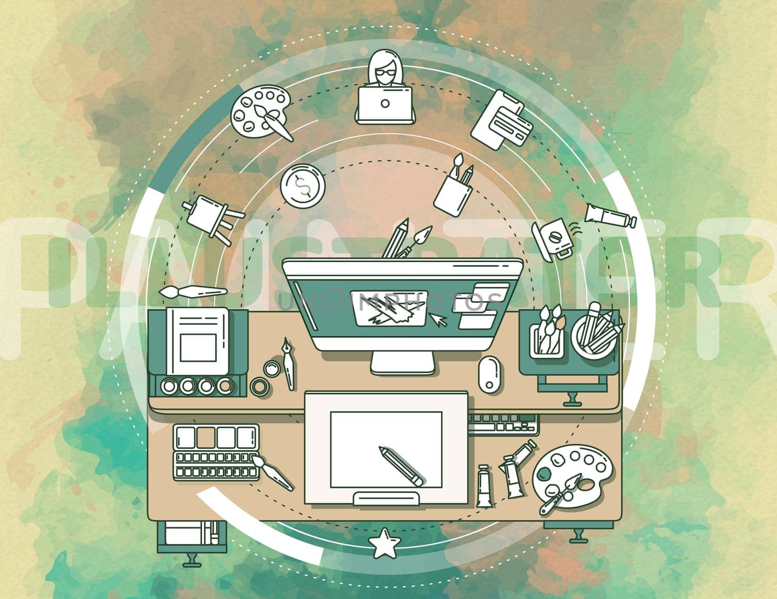 Creative, complex illustration on illustrators. The image contains many elements and icons, which makes it easy and diverse to use it in your advertising.
