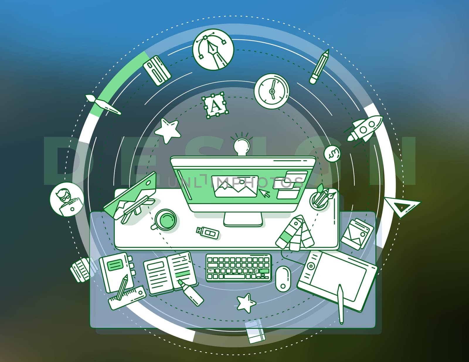 Creative, complex illustration about design and the profession of designer. The image contains many elements and icons, which makes it easy and diverse to use it in your advertising.