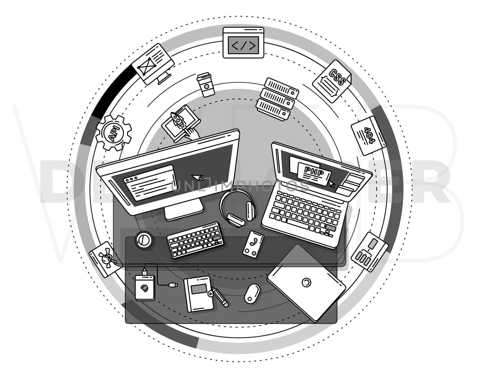 Stylish and dynamic illustration created on the theme of web development and designed to create promotional posters.