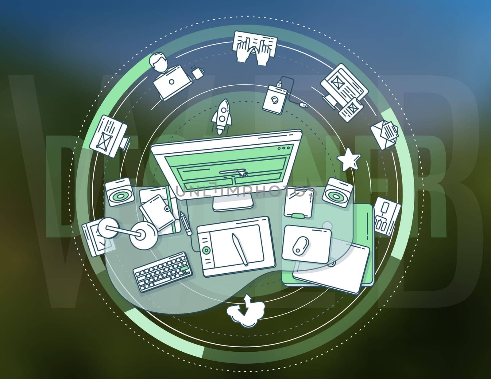 Creative, complex illustration on web design. The image contains many elements and icons, which makes it easy and diverse to use it in your advertising.