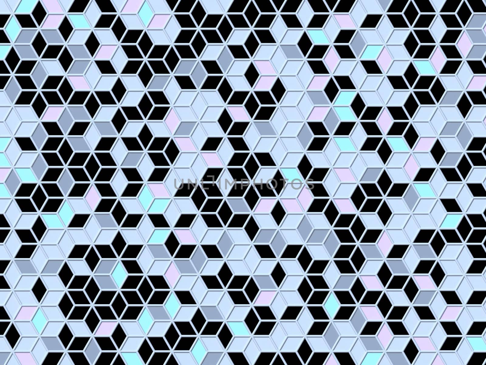 Abstract geometric four pastel color Chaotic rhombus lattice background 3D render illustration