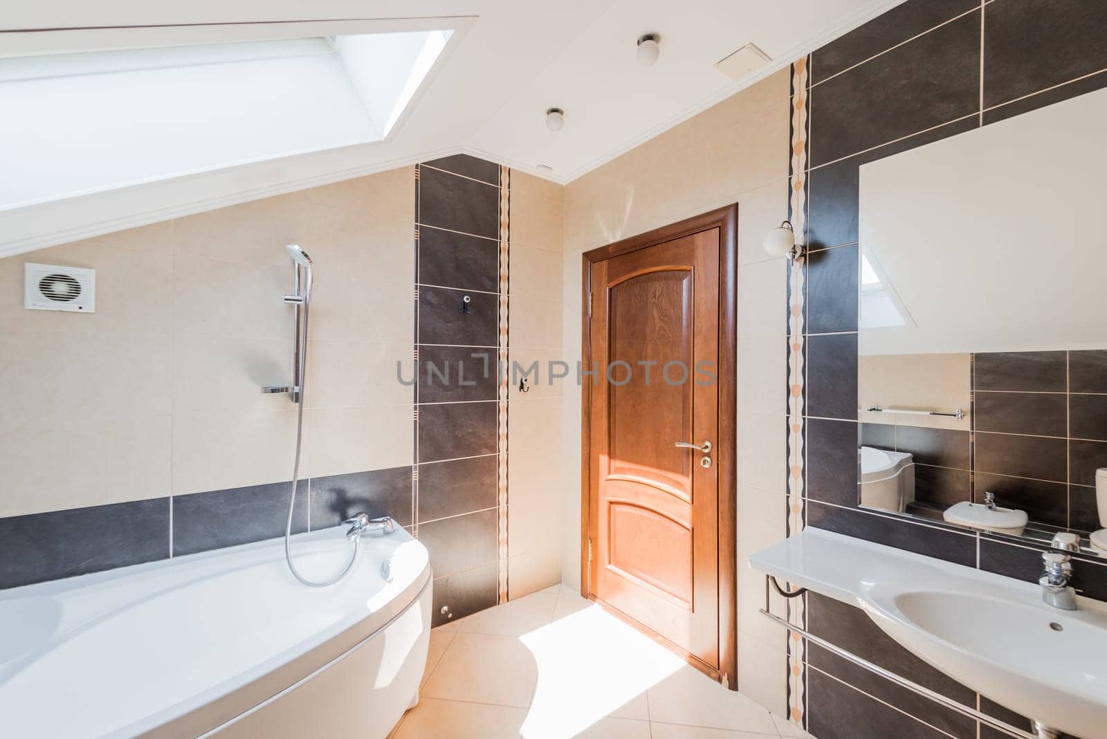 Russia, Omsk- August 02, 2019: interior room apartment. standard repair decoration in hostel. bathroom, sink, decoration elements, toilet