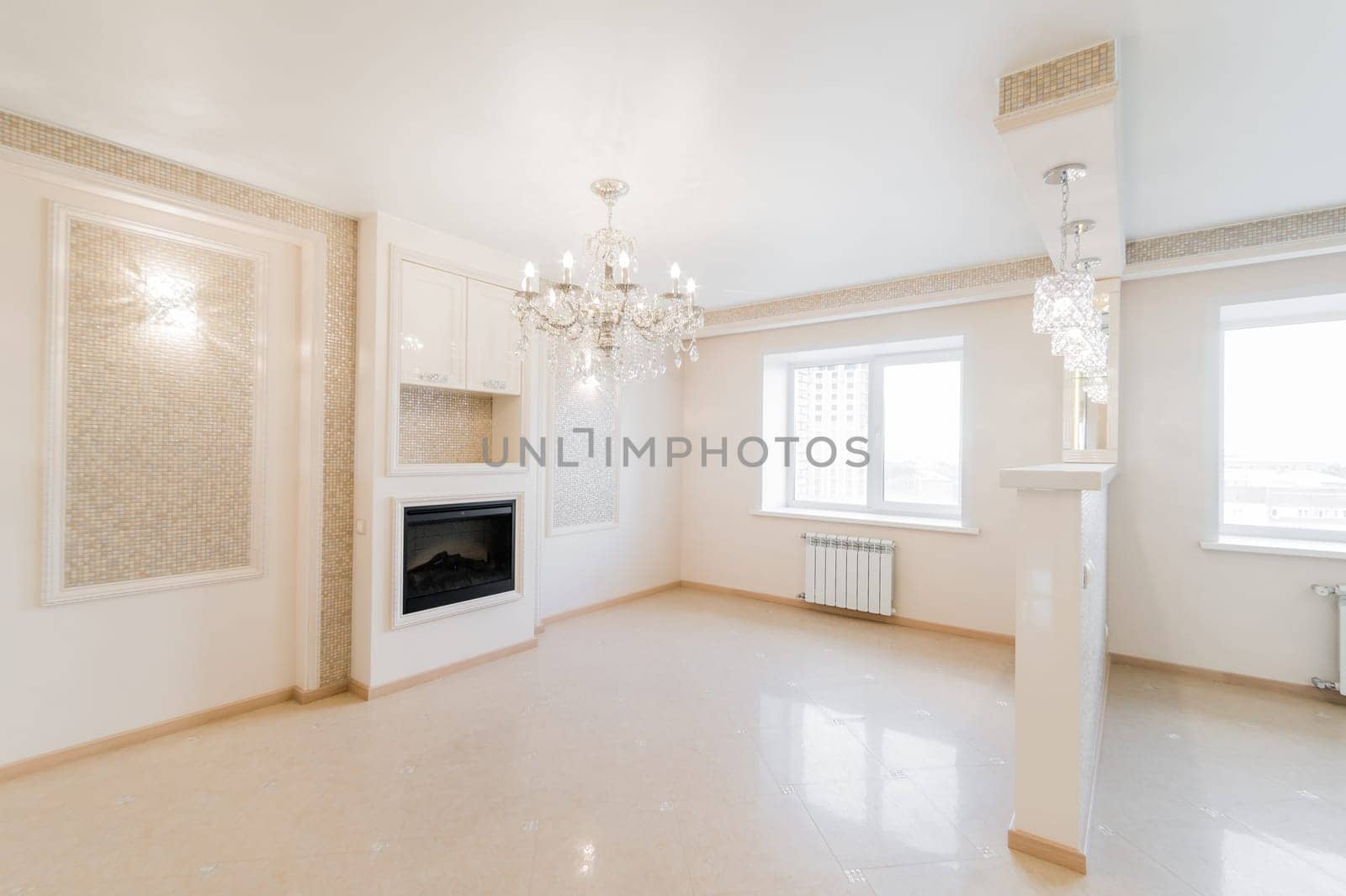 Russia, Omsk- August 02, 2019: interior room apartment. standard repair decoration in hostel. bright empty room unfurnished, lighting fixtures