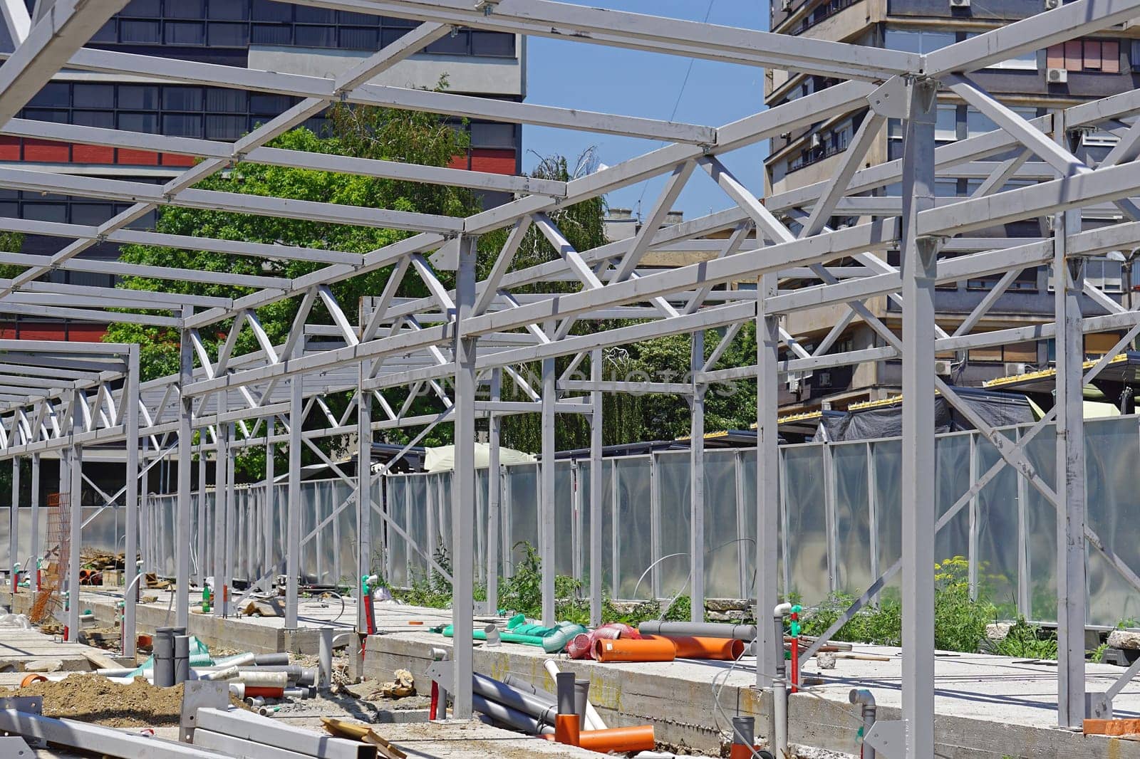 Steel columns building during construction day