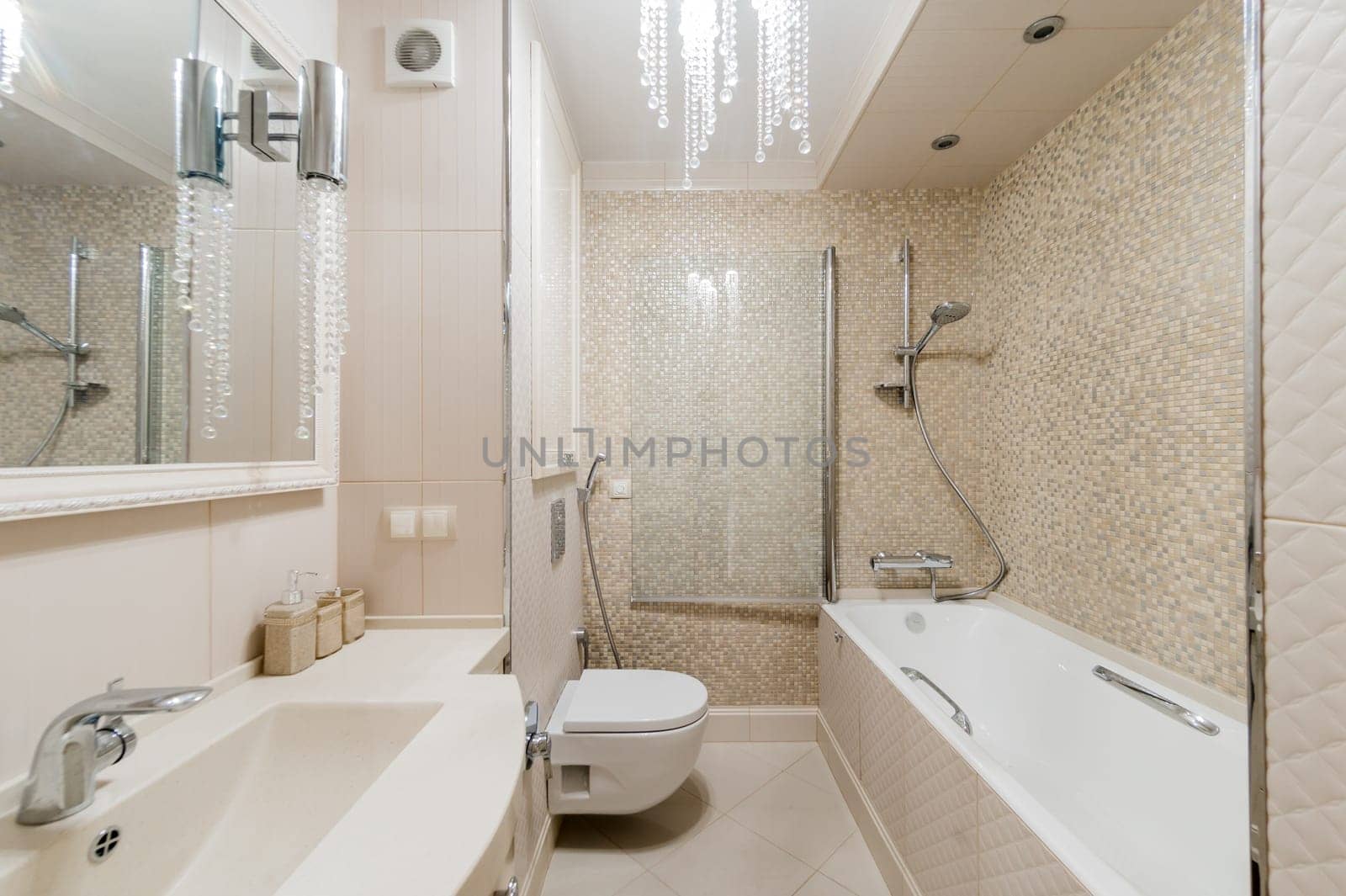Russia, Omsk- August 02, 2019: interior room apartment. standard repair decoration in hostel. bathroom, sink, decoration elements, toilet