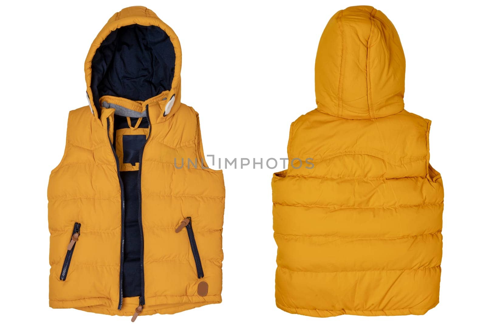 Vest isolated. Close-up of a stylish cozy warm yellow down vest with hood isolated on a white background. Childrens autum and winter clothes.