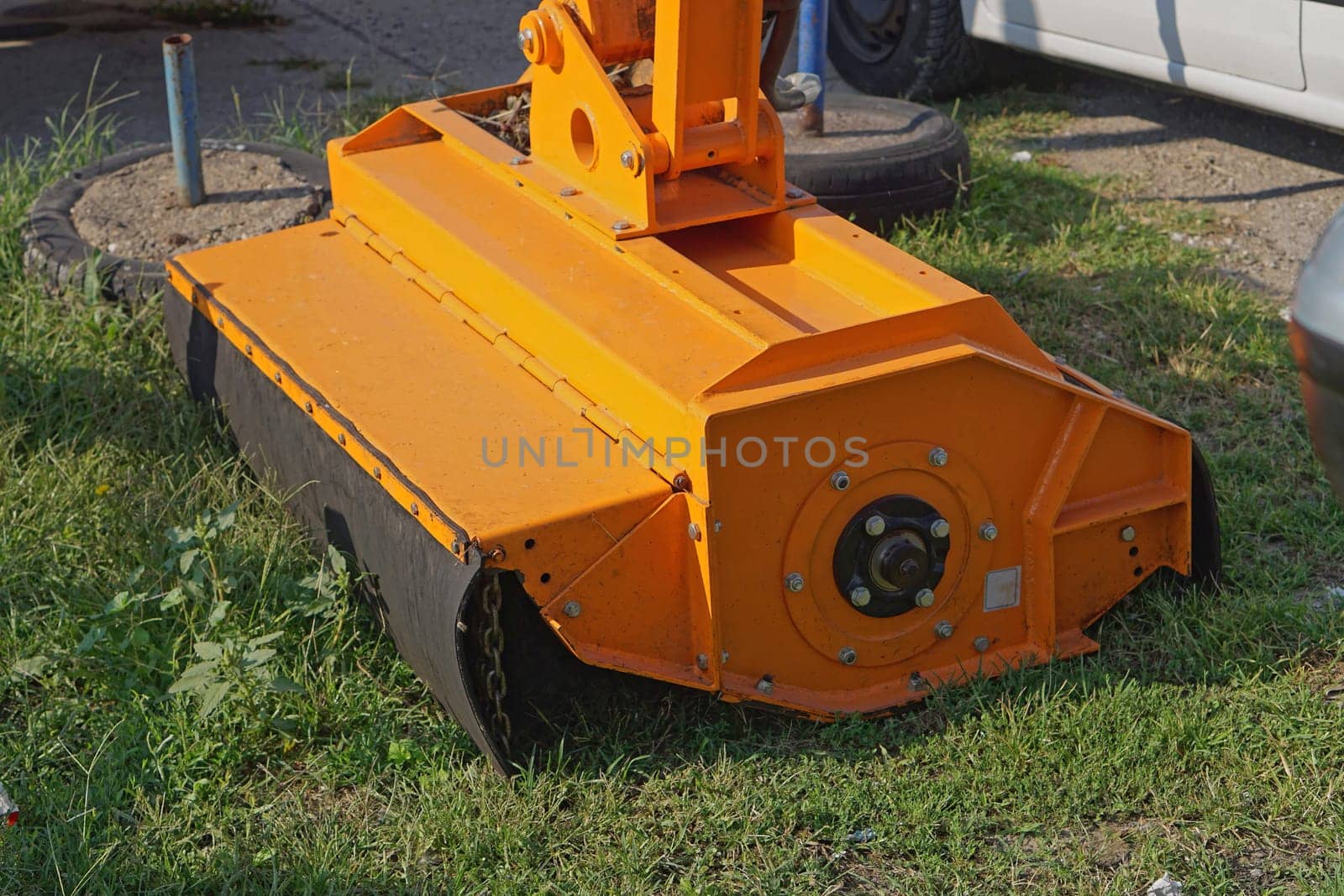 Reach flail boom mower machine attachment