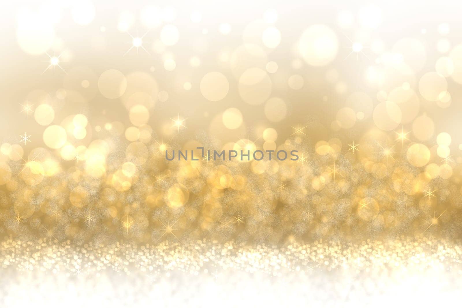 A festive abstract Happy New Year or Christmas texture background and with golden yellow blurred bokeh lights and stars. Space for design. Card concept or advertising.