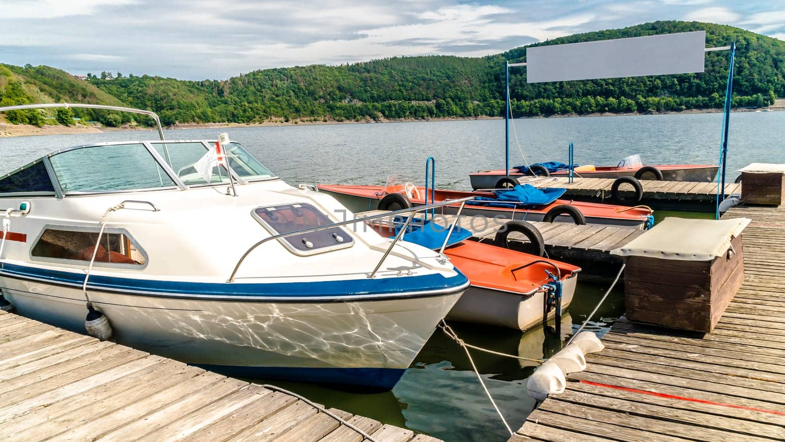 Boats on marina on Edersee in Hessen on a beautiful sunny Day