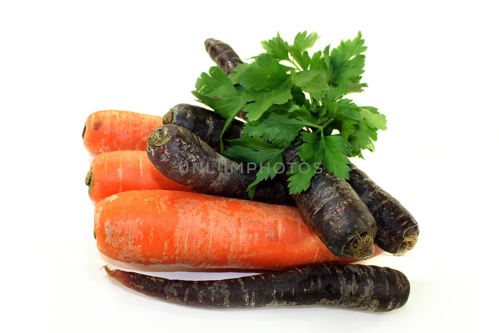 orange and purple carrots against a white background