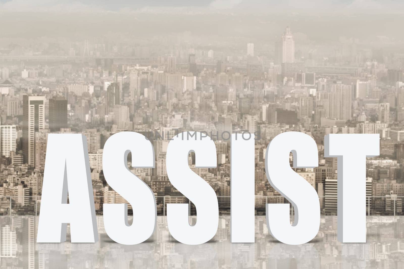 Concept of help, assist,aid etc with 3d text under sky in the modern city.