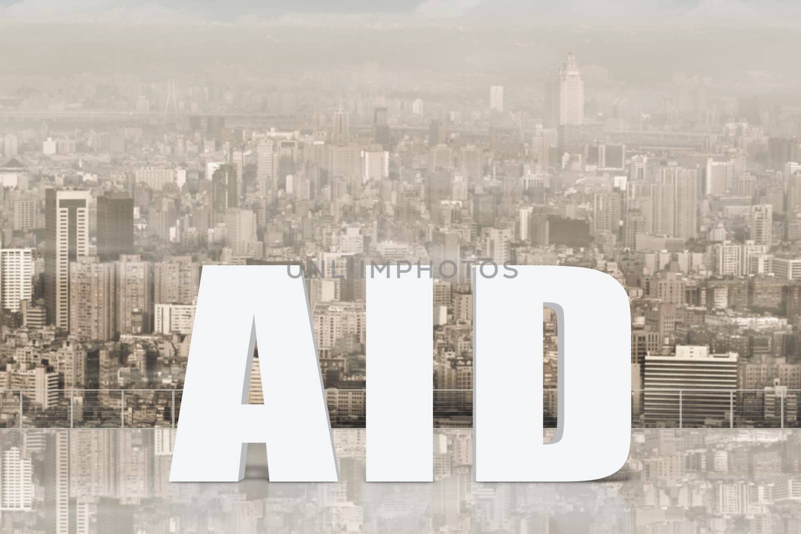 Concept of help, assist,aid etc with 3d text under sky in the modern city.