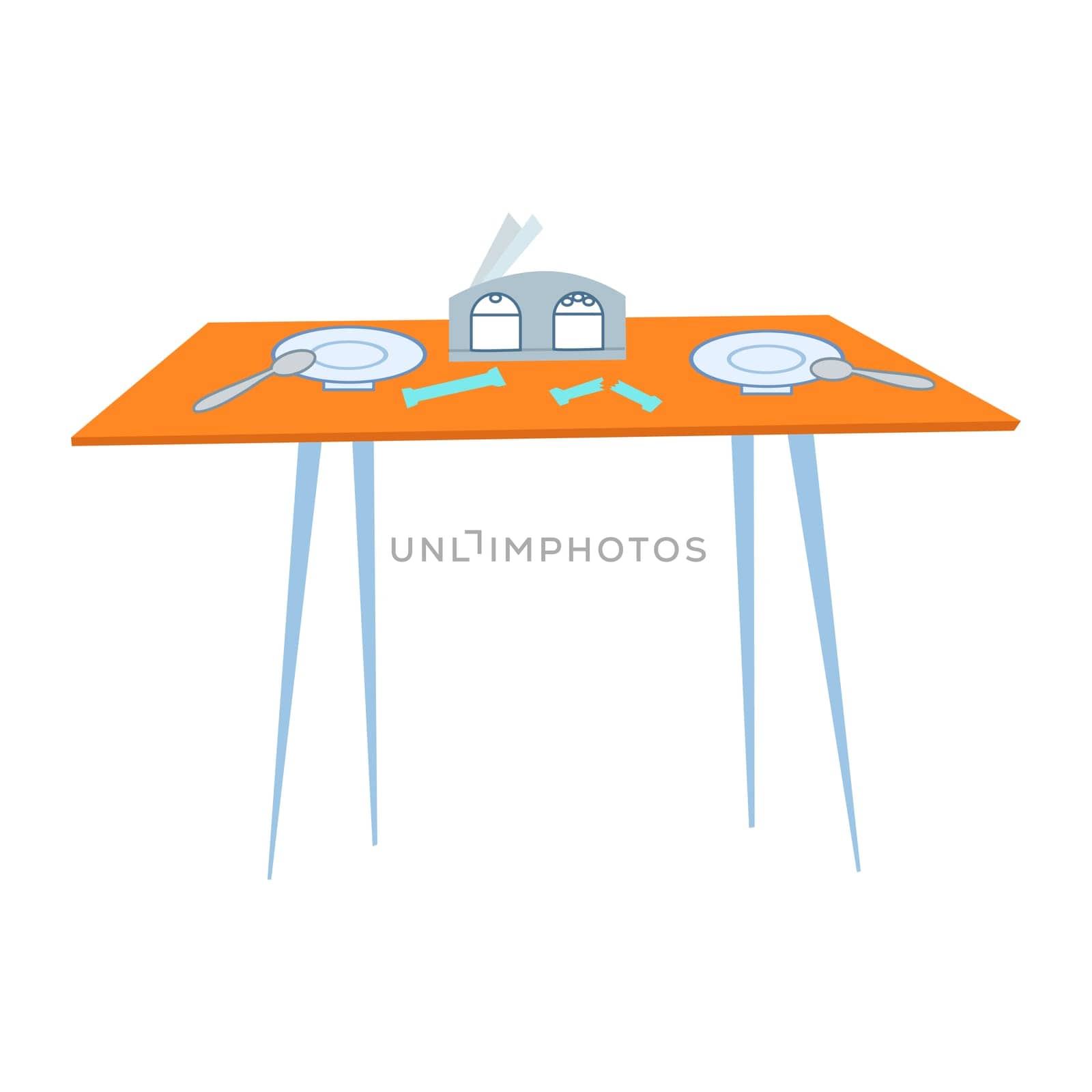 A table in the cafe with Cutlery, bags of sugar, plates and spoons, napkins