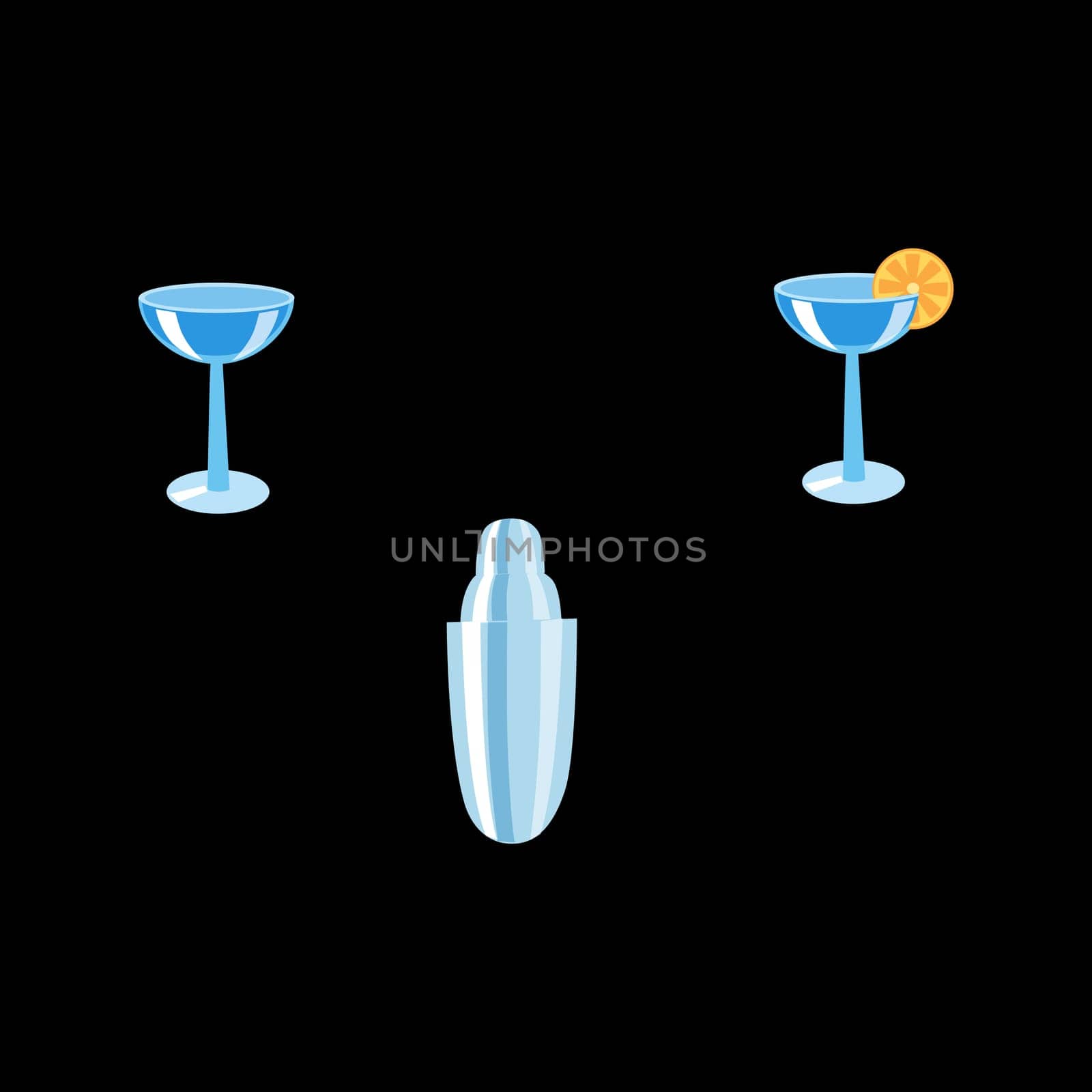 The bartender set the shaker and cocktail glasses with lemon