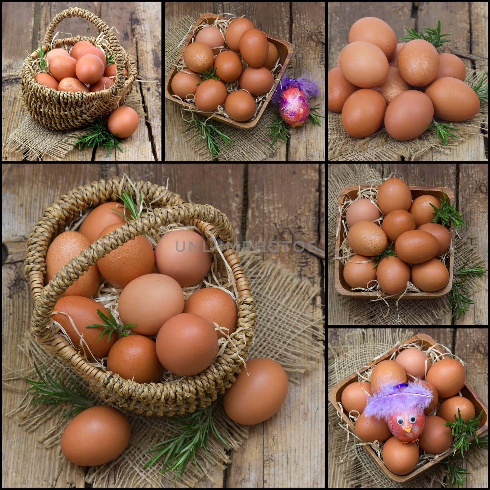 easter collage - pictures with eggs on wooden background