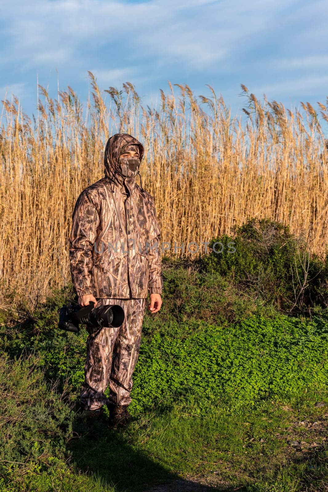 Naturalist photographer in action, with camouflage and camera, in the wilderness.