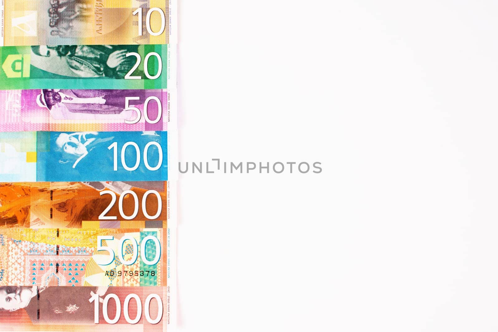 Serbian dinar banknotes paper currency on white background.