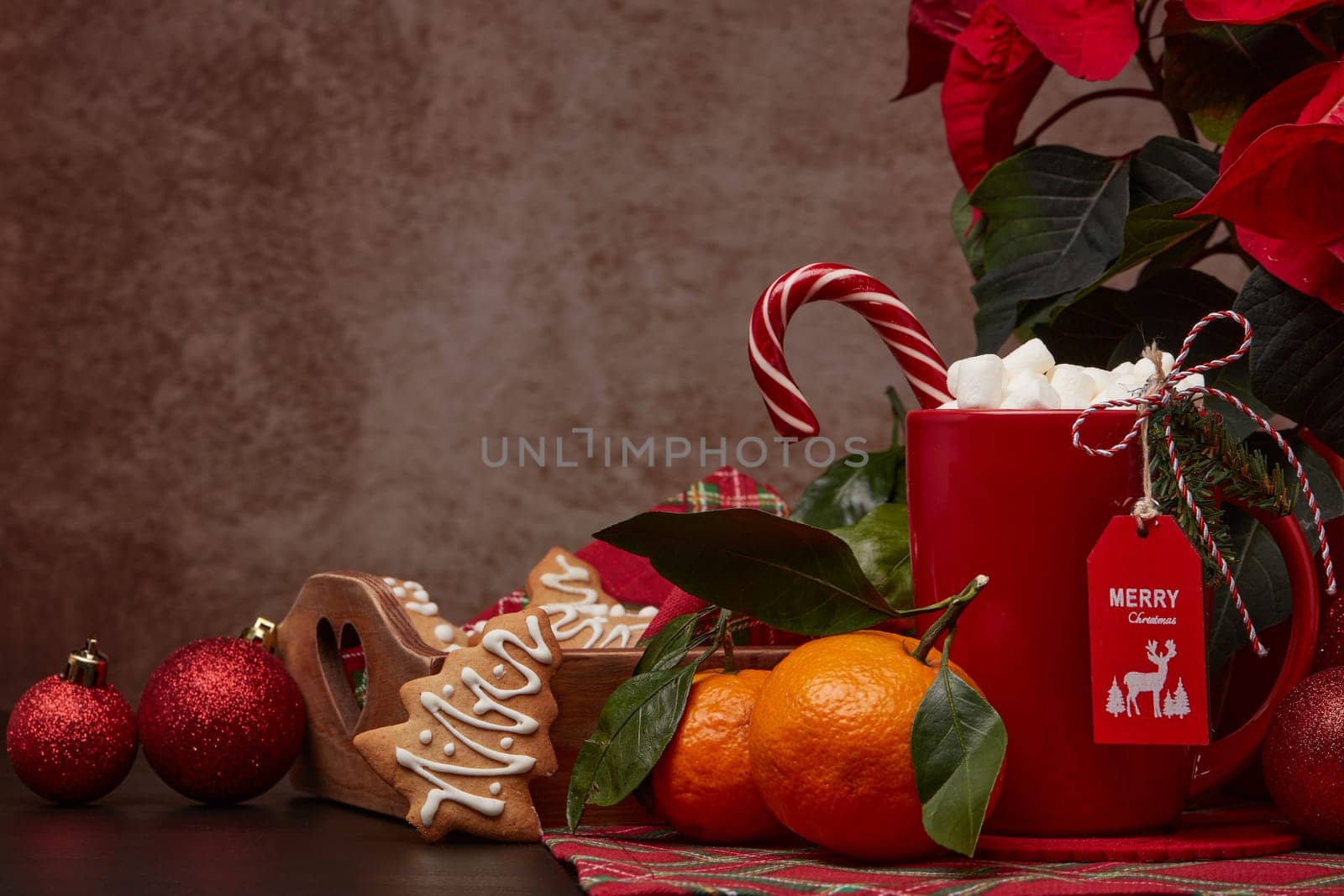 Red Poinsettia flowers, tray with ginger cookies and mandarines, mug with hot cocoa and marshmallows. fir ornaments on brown background with copy space. Winter holidays. New Year, Christmas treat.