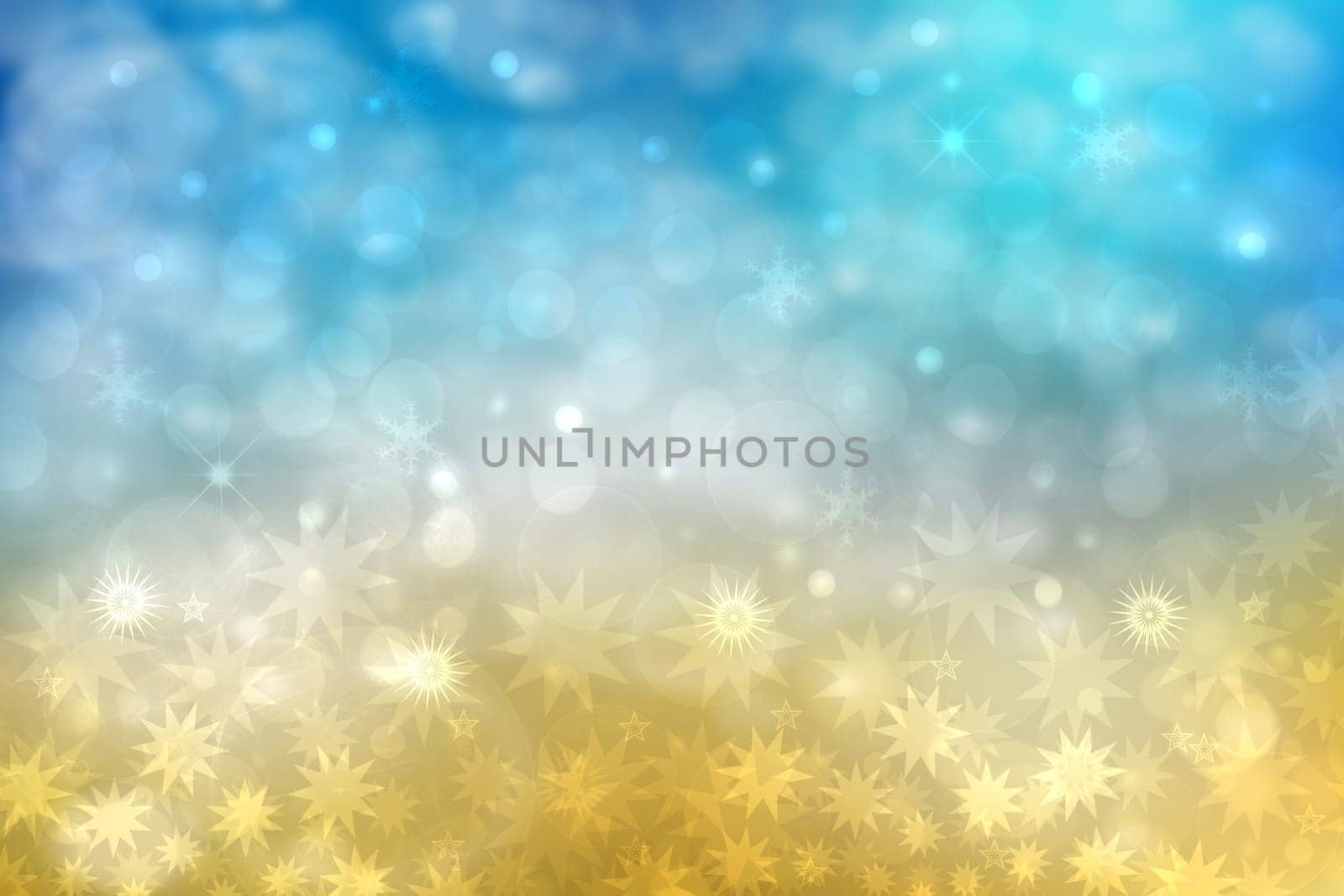 A festive abstract Happy New Year or Christmas texture background with blue color blurred bokeh lights and gold yellow stars. Space for design. Card concept and advertising.