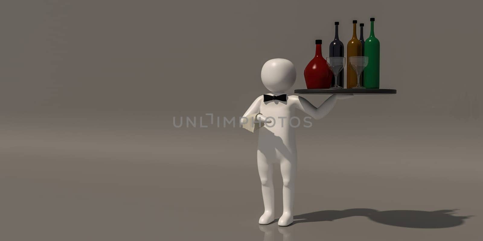 3d illustrator group of career symbols on a gray background, 3d rendering of the Waiter at restaurant. Includes a selection path.