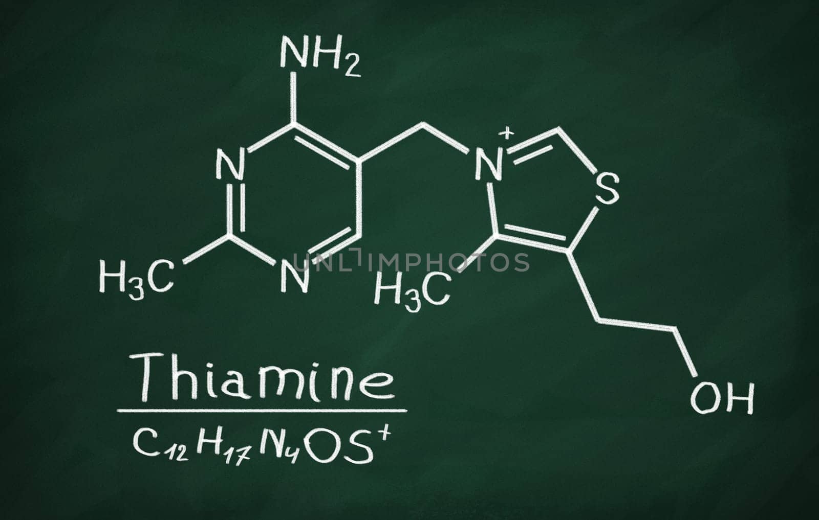 Structural model of Vitamin B1 (Thiamine) on the blackboard.