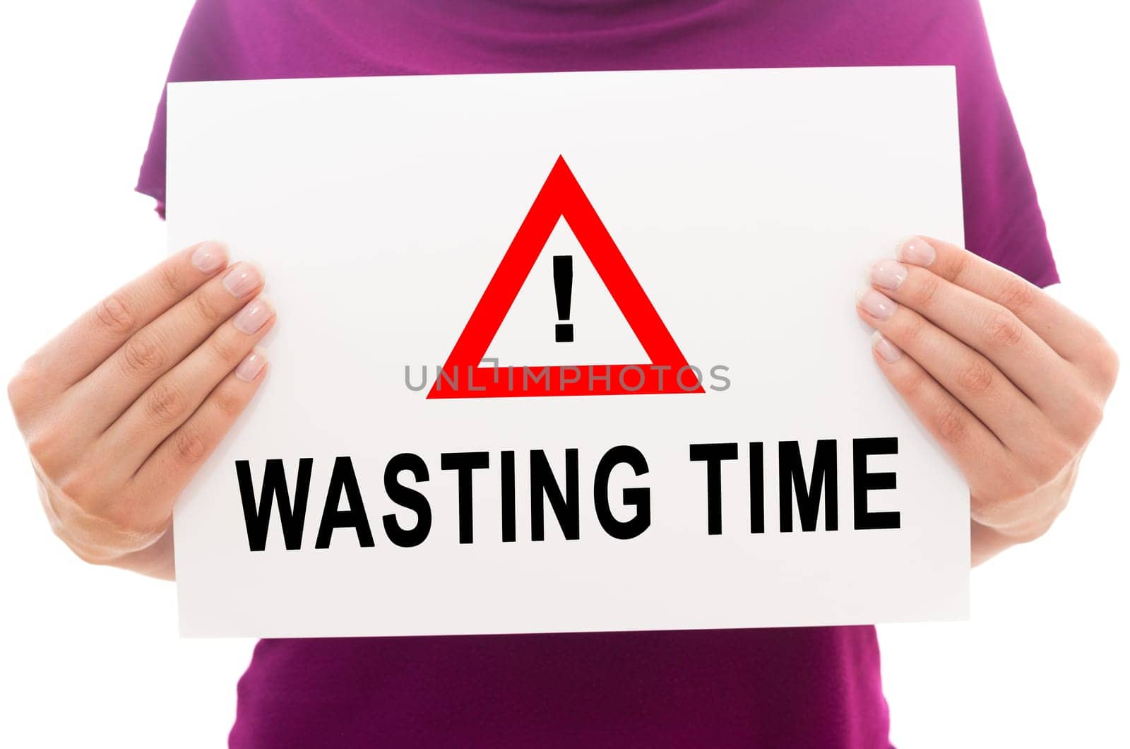 Girl holding white paper sheet with text Wasting time
