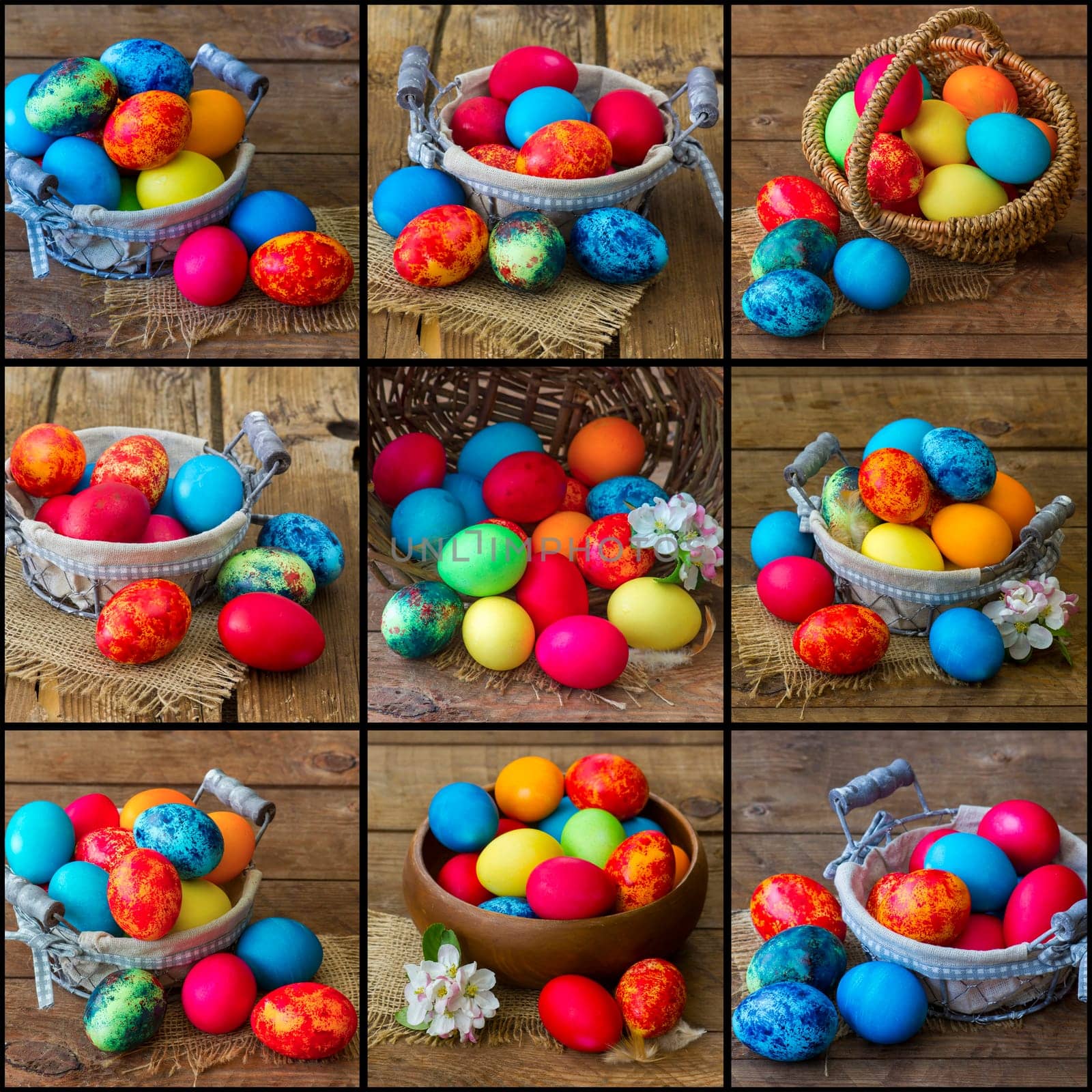 easter collage - pictures with painted eggs on wooden background