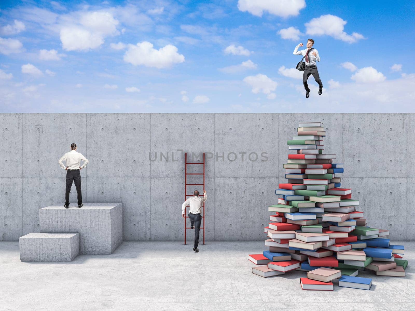 business people try to find a solution to pass a wall that hinders them. The man who studied is successful. Knowledge and problem solving concept.