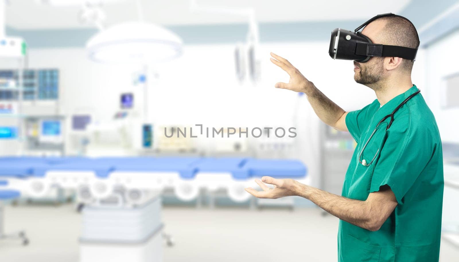 doctor uses glasses for virtual reality. Concept of modern and futuristic medicine.
