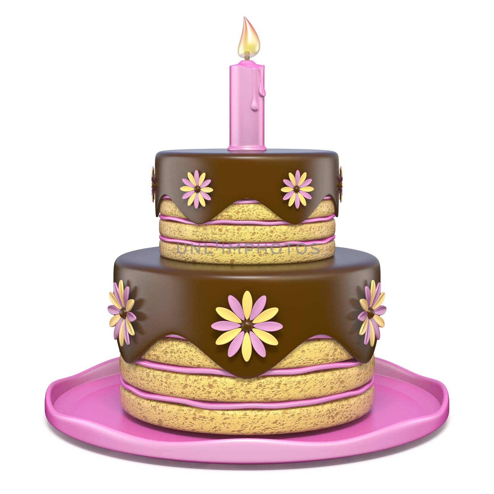 Two tier round chocolate flowers cake 3D render illustration isolated on white background