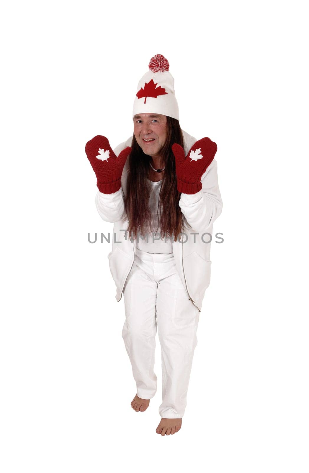 A happy indigenous man dressed is white with a hat and mittens.with the Canadian Mabel leaf, isolated for white background.