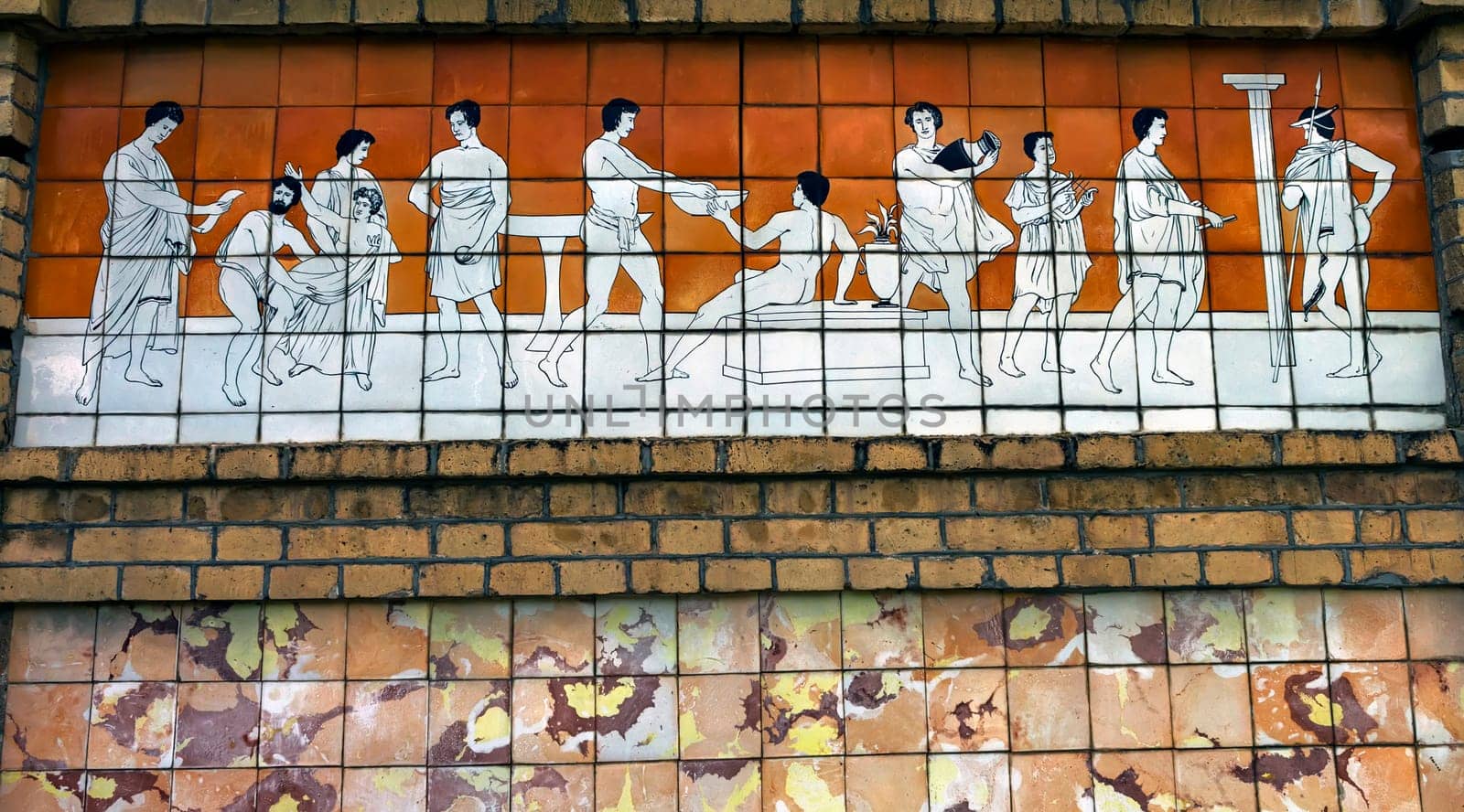 PYATIGORSK, RUSSIA - JUNE 14,2017:Majolica panel depicting bathing scenes in the ancient Roman baths on the Pirogovskie (Tilicheevsky) baths in Pyatigorsk.