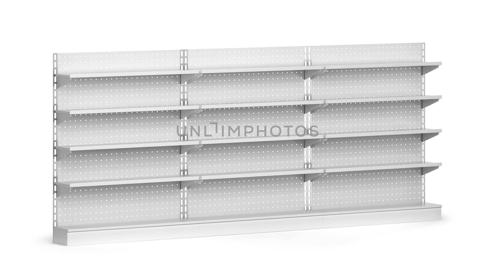 Empty market shelves mockup. 3d illustration isolated on white background