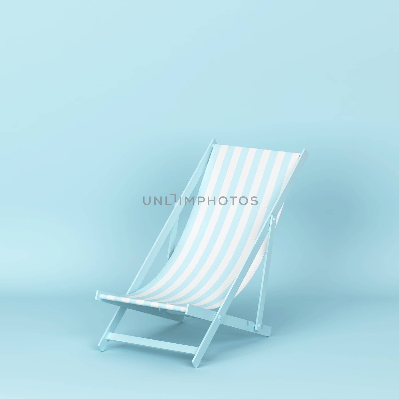 Single deckchair for relaxation on a beach. 3d illustration on blue background
